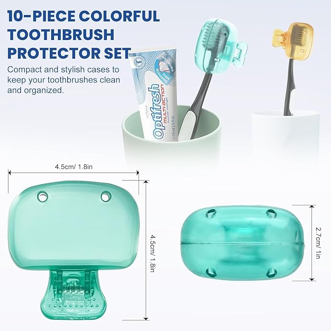 Zoyiancy 10pcs Toothbrush Cover, Toothbrush Protector Case, Travel Tooth Brush Head Pod Case, Toothbrush Cap Plastic Clip for Household Bathroom School (Grey, Blue, Red, Green, Yellow)