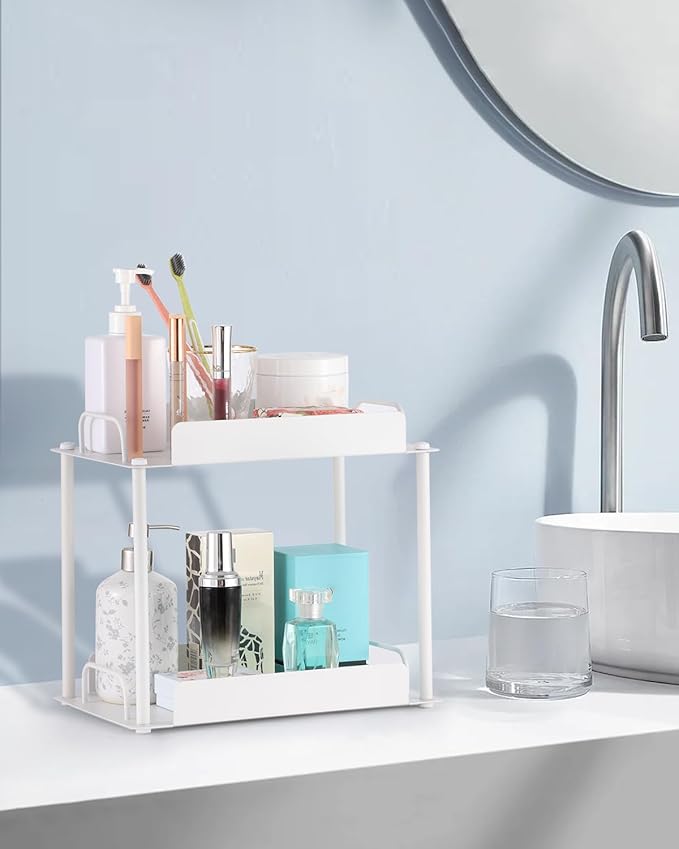 KATHY&BOB Bathroom Countertop Organizer, Make-up Desk Organization, Dressing Shelf Desktop Storage for Bathroom Cosmetic Dorm Kitchen Living Room, Multipurpose Cubicle Display Rack (White, 2 Tiers)