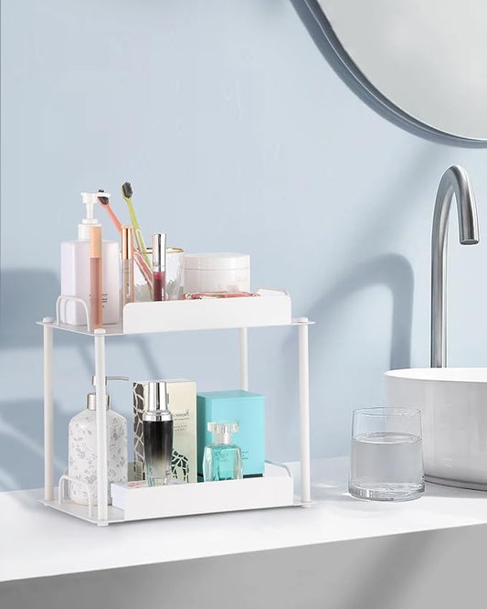 KATHY&BOB Bathroom Countertop Organizer, Make-up Desk Organization, Dressing Shelf Desktop Storage for Bathroom Cosmetic Dorm Kitchen Living Room, Multipurpose Cubicle Display Rack (White, 2 Tiers)