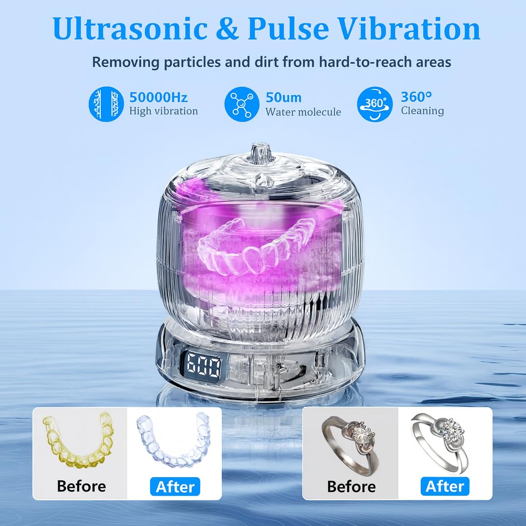 Ultrasonic Retainer Cleaner, 50kHz Retainer Cleaner Machine for Dentures, Aligners, Mouth Guards, Braces, Jewelry, 4 Modes Digital Ultrasonic Cleaners with Removable Base and Top Cover