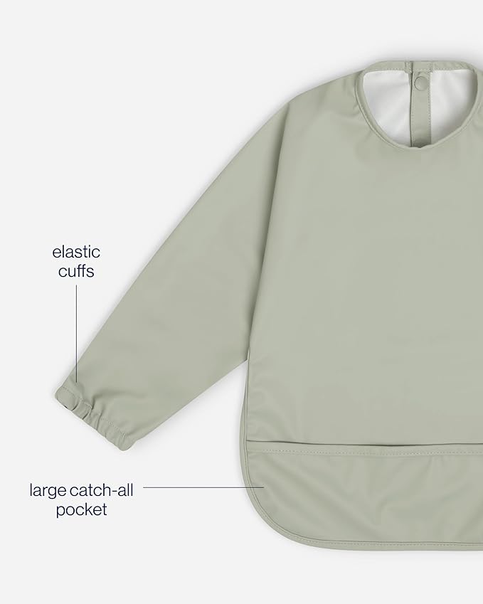 Lalo Long Sleeve Baby Bib, Waterproof, Elastic Cuffs, Large Catch-All Pocket, Recycled Polyester, Ages 6-24 Mo., Sage