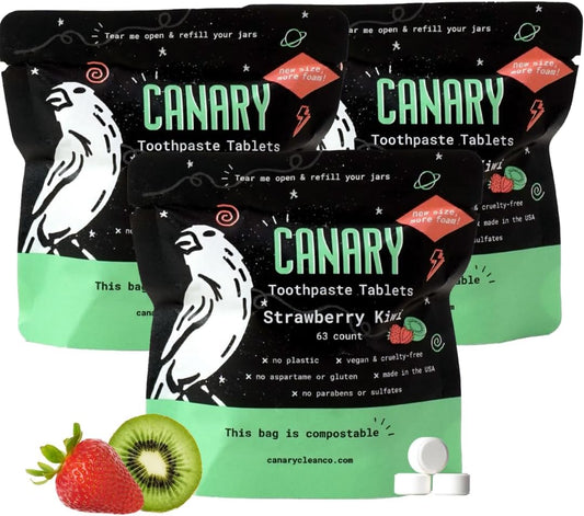 Canary Nano Hydroxyapatite Toothpaste Tablets Strawberry Kiwi - Remineralizing, Fluoride Free, All Natural Tabs with Xylitol - Great for Kids, Plastic Free - 189 Count