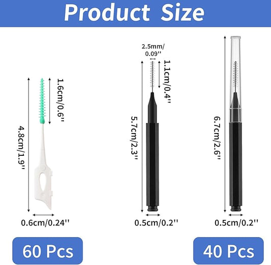 Interdental Brush, 100Pcs Soft Braces Brush Set, 40Pcs Tooth Flossing Head for Oral Hygiene Tooth Cleaning with 60pcs Disposable Braces Flossers Tooth Cleaning Tool (Stylish Colors,Multiple Sizes)