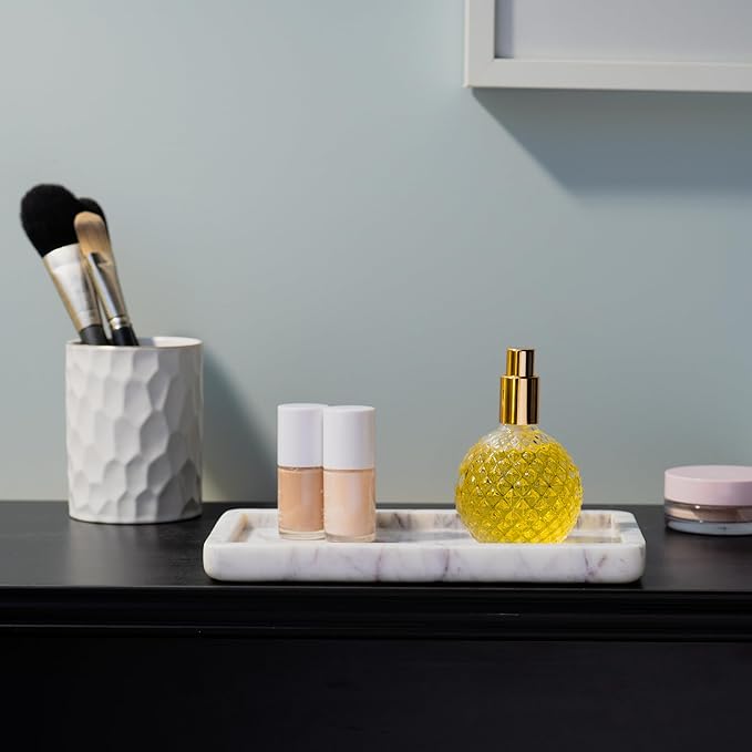 Cork & Mill Marble Tray for Bathroom Countertop, Kitchen Counter, or Catchall - 8 3/4" x 5" Small Rectangular Vanity Tray for Skincare or Perfume - Handcrafted Natural White Marble Stone Organizer