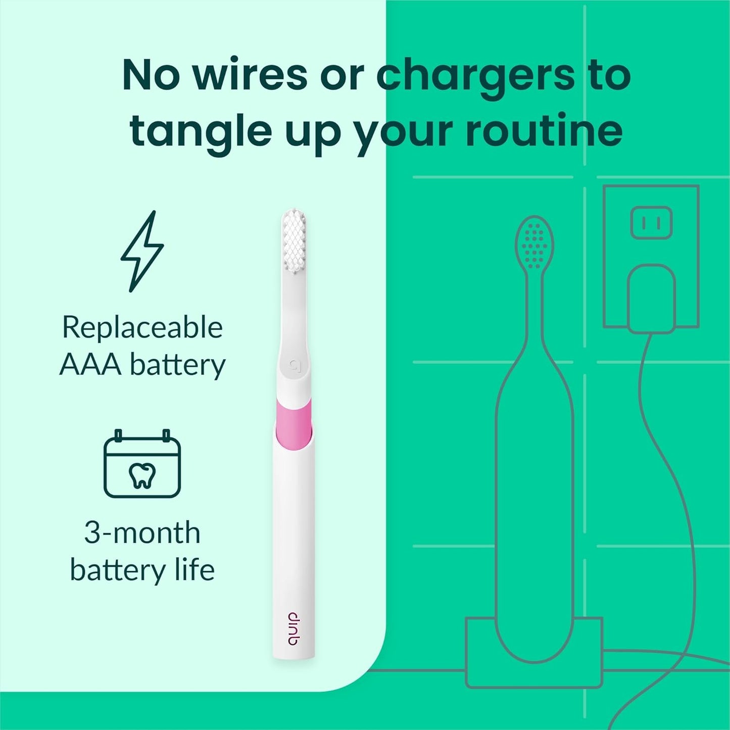 Quip Sonic Electric Toothbrush for Adults - Time Travel & Soft Bristles with Travel Case & Replacement Brush Head - 3 Month Battery Life, Plastic Handle - Magenta