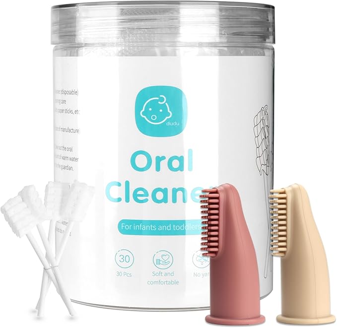 Baby Tongue Cleaner Toothbrush 30Pcs Disposable Infant Tooth Brush Clean Baby Mouth with 2Pcs Finger Toothbrush Oral Cleaning Stick Gauze Cleaner Stick Dental (Beige, 32 Piece Assortment)