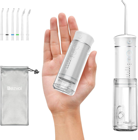 Water Flosser Mini Cordless Portable: 5 Modes Water Dental Floss with Telescopic Water Tank, 6 Tips, IPX7 Waterproof Oral Irrigator for Teeth Cleaning Gums,Orthodontic,Braces Dental Care (White)