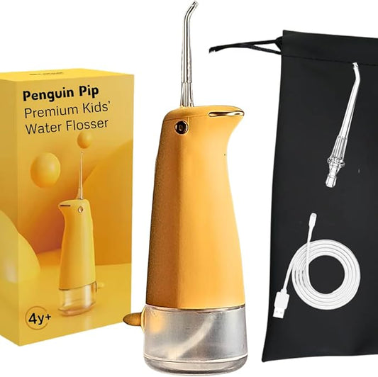 Penguin Pip Kids' Premium Water Dental Flosser Cordless for Teeth, 3 Modes Dental Oral Irrigator, Soft Normal Pulse, Beginners, Braces, Robust Antislip IPX7 Waterproof Powerful Battery Life
