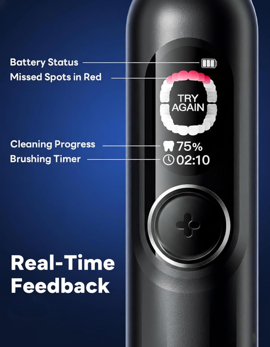 AI Electric Toothbrush with Smart Display for Adults Kids | 150-Day Rechargeable Toothbrush, Real-Time Map |3-Min Timer, Travel Case | Teens Sonic Toothbrush Gift (G5S Black)