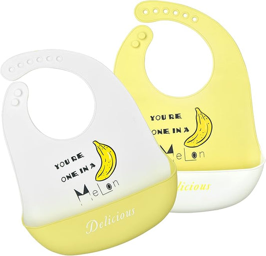 Silicone Bibs for Babies and Toddlers 2 Sets Feeding Bibs for Boy and Girl, Adjustable Soft Waterproof Bibs