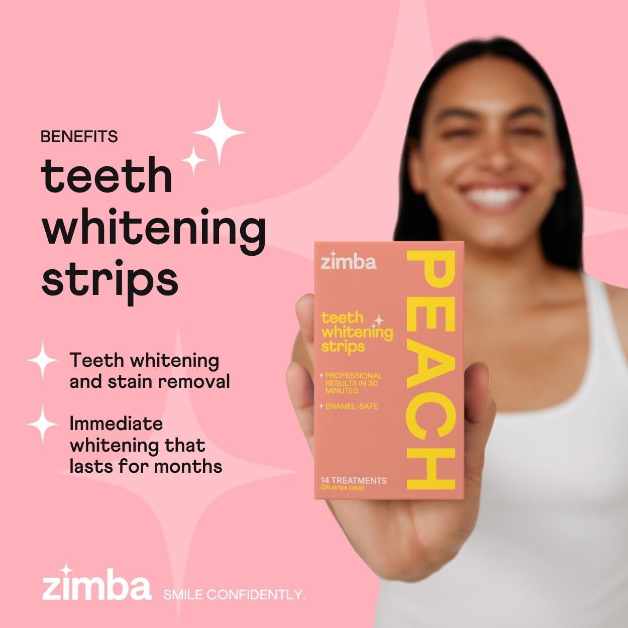 Zimba Teeth Whitening Strips Vegan Whitening Strip Enamel Safe Teeth Whitening Hydrogen Peroxide Teeth Whitener for Coffee, Wine, and Other Stains, 28 Strips (14 Day Treatment), Peach