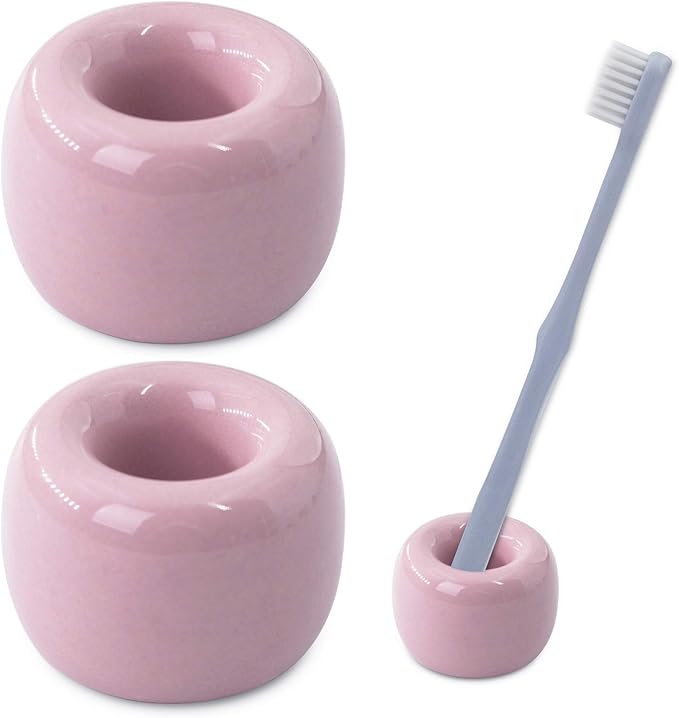 AirMoon Mini Ceramic Toothbrush Holder for Bathroom - Pink Small Countertop Organizer, Easy Clean Toothbrush Stand, Suit for Electric Toothbrush Head, Pens & Coffee Spoon, Pack of 2