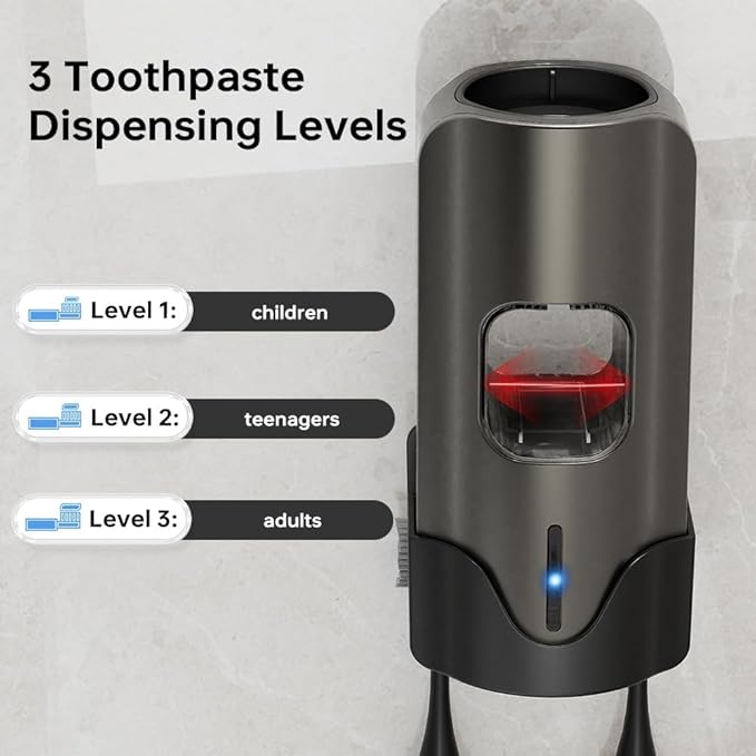 Automatic Toothpaste Dispenser Wall Mounted - Smart Touchless Toothpaste Squeezer with 3 Adjustable Levels, 2 Toothbrush Holders- for Kids and Adults, Bathroom Essentials