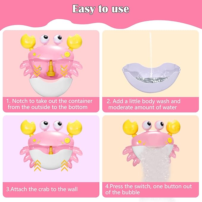 Crab Baby Bath Toys, Crab Bubble Bath Machine, Automatic Bath Toy Blows Bubbles & Plays Children’s Songs, Bathtub Bubble Maker - Kids Birthday Gift for 1 2 3 Year Old Boy Girl Pink