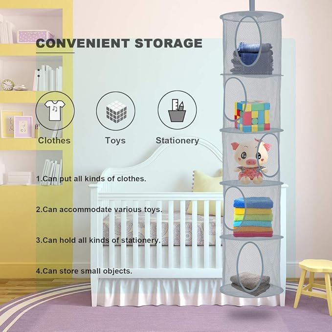 Libeder Mesh Hanging Storage Space Saver Bags Organizer,Foldable Storage Organizer 5 Compartments Toy Storage Basket for Kids Room Bathroom 2 Sets Grey