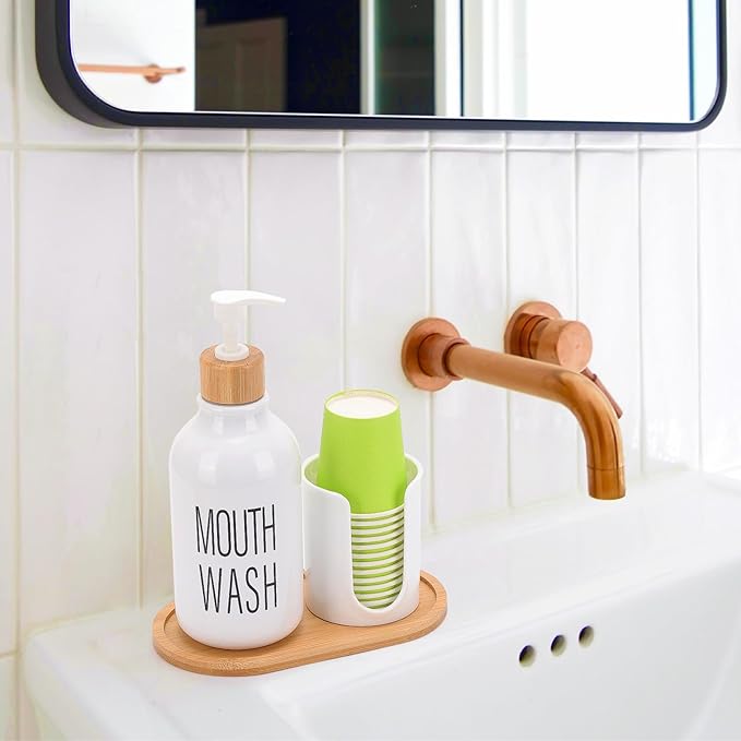 Mouthwash Dispenser with Cup Holder, Plastic White Mouth Wash Pump Bottle with Tray for Bathroom Organizers, 17oz Refillable Clear Mouthwash Container