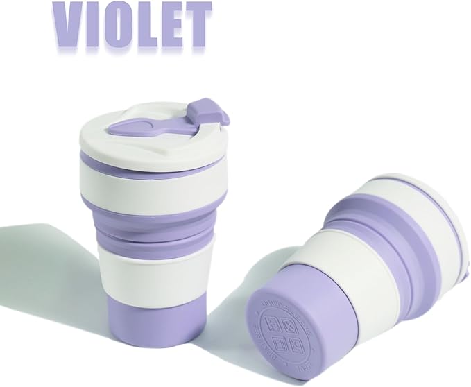 Collapsible Cup for Traveling, 12Oz Collapsible Silicone Travel Cup for Hot and Cold Drinks, Leak Proof Reusable Folding Travel Coffee Mug for Camping & Hiking, Purple