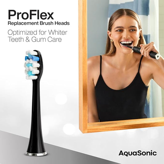 AquaSonic Proflex Replacement Brush Heads | ADA Accepted | for Whiter Teeth & Gum Care | Compatible with Many AquaSonic Toothbrush Handles (8 Pack Black)