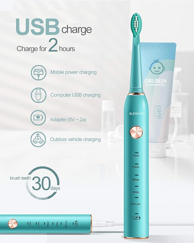 USB Rechargeable Sonic Electric Toothbrush for Adults Powered Motor Soft Dupont Brush Heads 2 Minutes Timer 5 Modes Teeth Whitening, Green