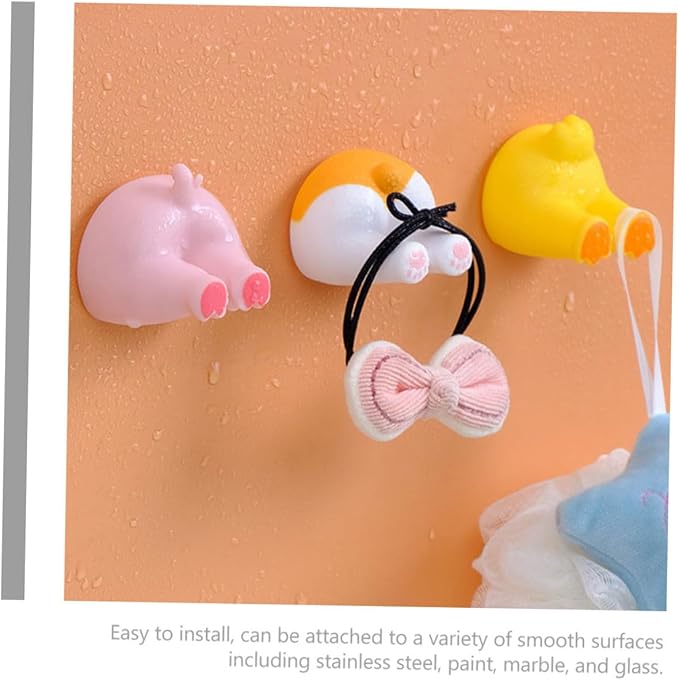 Luxshiny 2Pcs Animal Butt Wall Hooks Self-Adhesive Toothbrush Holders Bathroom Decorative Hangers Installation Quick-Dry Design for Smooth Surfaces Cute Pig Duck Tail