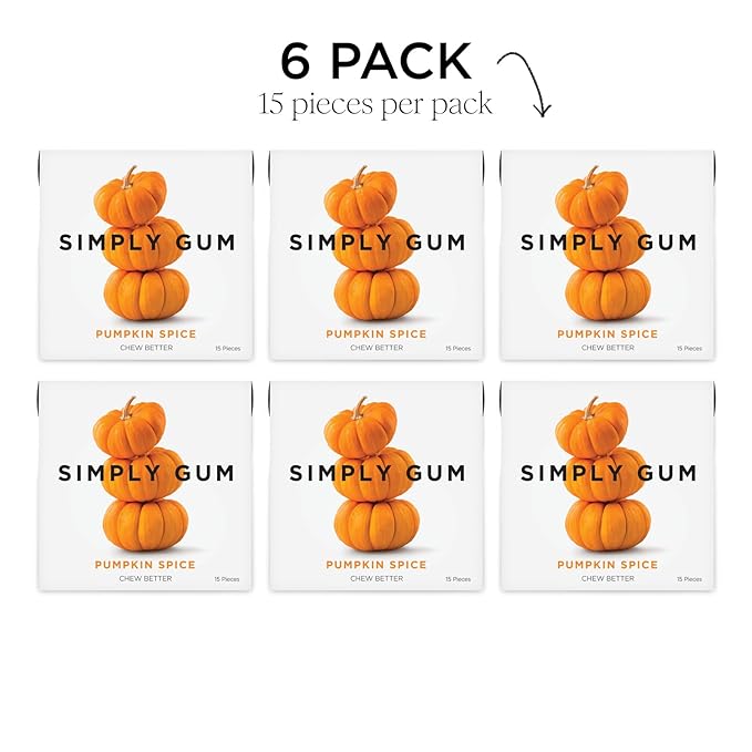 SIMPLY Gum Pumpkin Spice, Plastic-Free Natural Chewing Gum, 6 Pack (90 Pieces) | Vegan, Kosher, Non GMO, Aspartame Free and Sorbitol Free