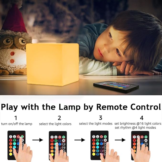 4-In LED Cube Night Light, Cordless LED Light Cubes for Kids, RGB Color Changing Tesseract Cosmic Cube Mood Lamp w/Remote, Rechargeable Square Bedside Lamp Nursery Light for Bedroom Garden Party Decor