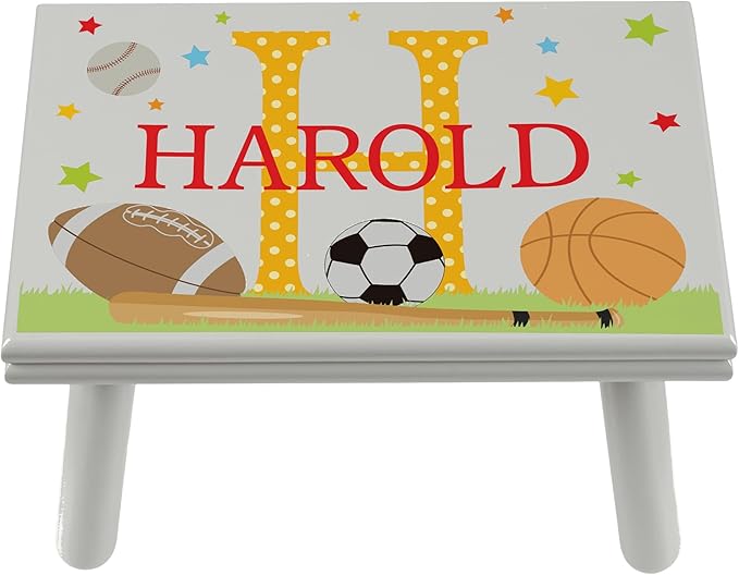 Let’s Make Memories Personalized My Own Name Step Stool - Children’s Step Stool - Sturdy Wood – Non-Toxic Paint, Sealer - Sports Design - Gray - 14’Wx9.25”Lx8.75”H - Ages 3+