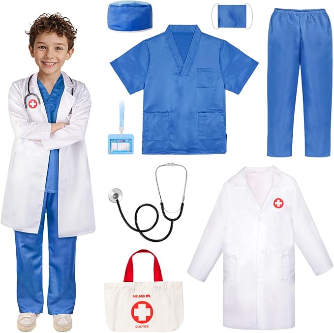 Meland Doctor Costume for Girls - Kids Scrubs with Lab Coat & Carry Bag, Doctor Dress Up for Halloween, Career Day Role Play