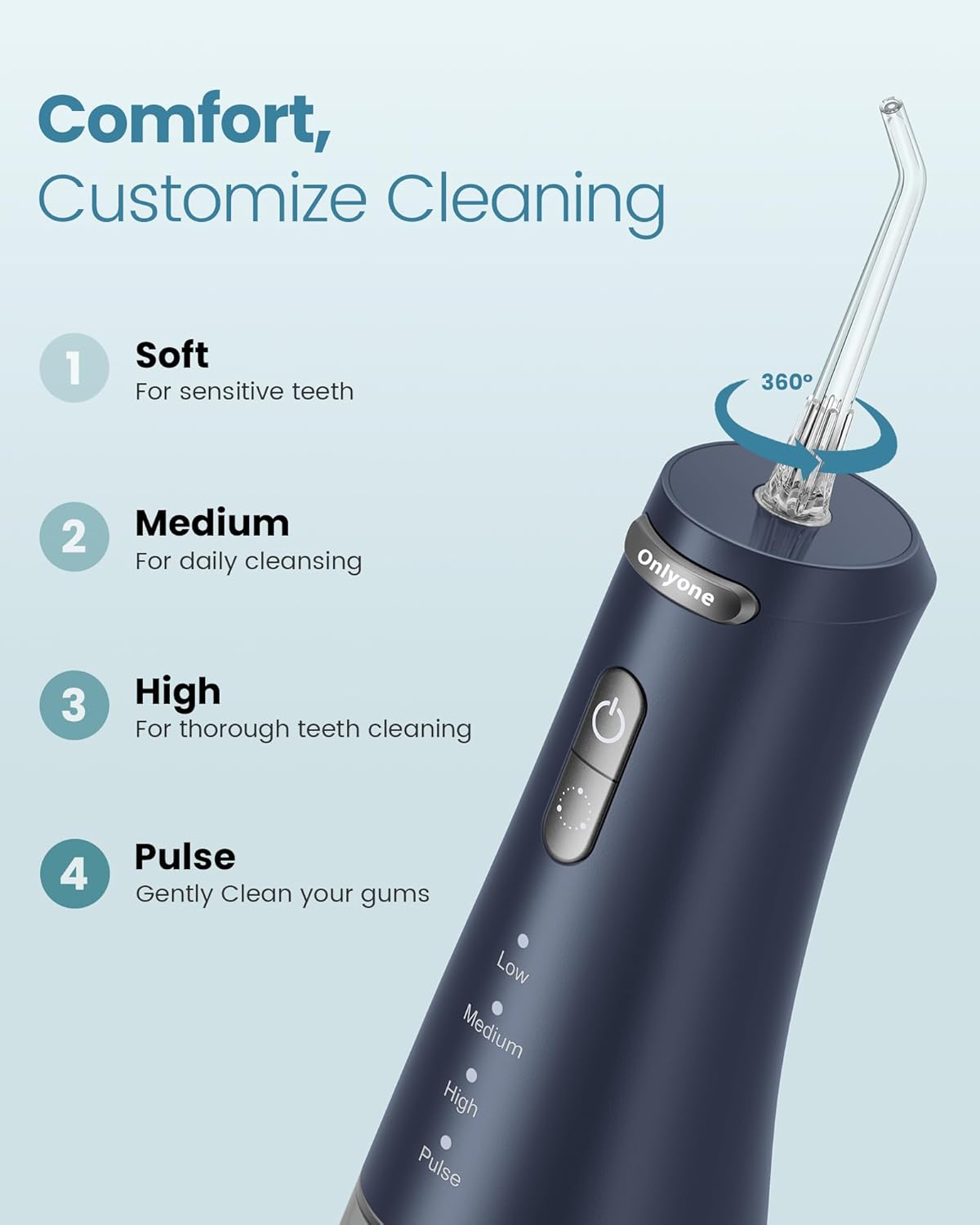 Onlyone Water Dental Flosser, 300ML Portable Oral Irrigator for Teeth, 4 Modes and 5 Jet Tips,Rechargeable Irrigation Cleaner,Electric Flossing Machine Power Flossers & Irrigator Accessories Blue