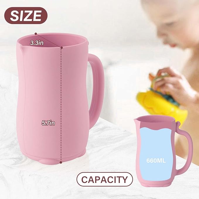 mandoo Baby Bath Rinse Cup - Food Grade Silicone - Shampoo & Body Washing Rinser Cup for Kids with Easy Grip Handle to Rinse Baby Shampoo and Soap - Baby Essentials (Pink+Brush)