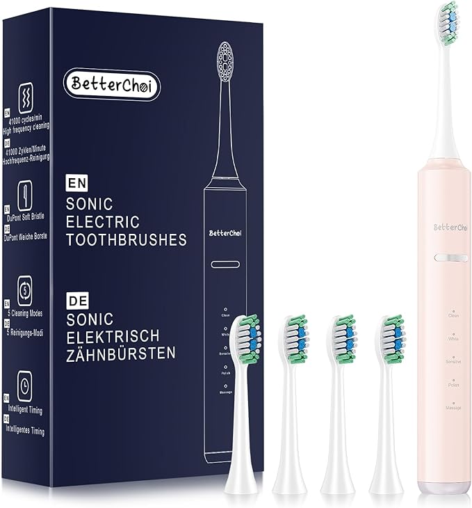 Betterchoi Sonic Electric Toothbrush for Adults, USB Rechargeable Toothbrush - 41,000 VPM Maglev Motor - 4 Brush Heads - IPX7 Waterproof, 180-Day Battery Life, 5 Cleaning Modes & Smart Timer, Pink