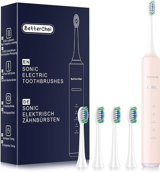 Betterchoi Sonic Electric Toothbrush for Adults, USB Rechargeable Toothbrush - 41,000 VPM Maglev Motor - 4 Brush Heads - IPX7 Waterproof, 180-Day Battery Life, 5 Cleaning Modes & Smart Timer, Pink