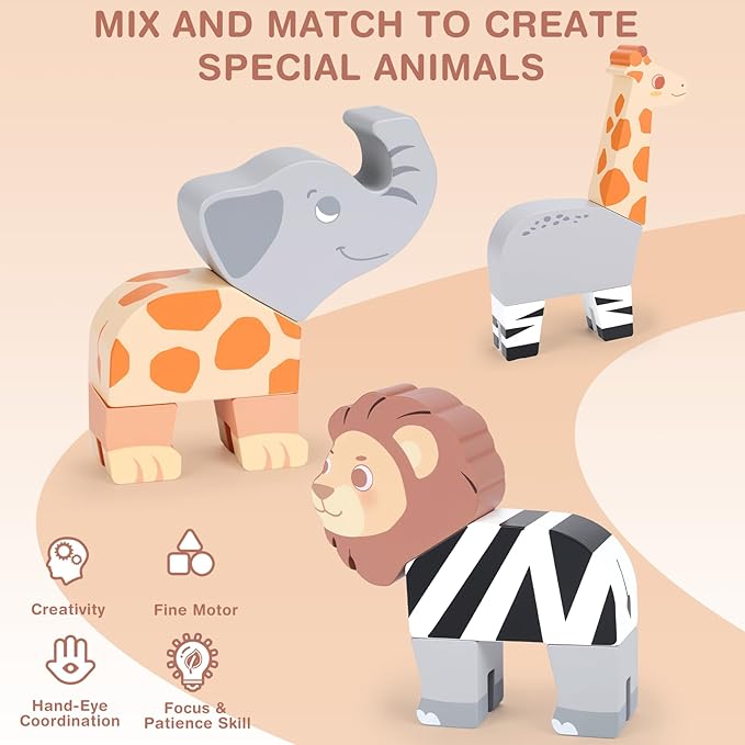 Joyreal Magnetic Mix or Match Jungle Animals Toy Play Set, 16 Pcs Mix and Match Connectable Wooden Building Blocks Play Set Toy for Fine Motor Montessori Game Preschool Educational Gift for Ages 1-5