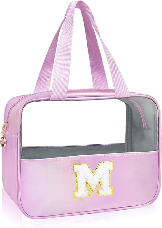 Personalized Initial M Clear Purple Makeup Bag - Large Travel Toiletry Bag, Cute Cosmetic Organizer Set for Girlfriend, Teacher, Teen Girl Gifts