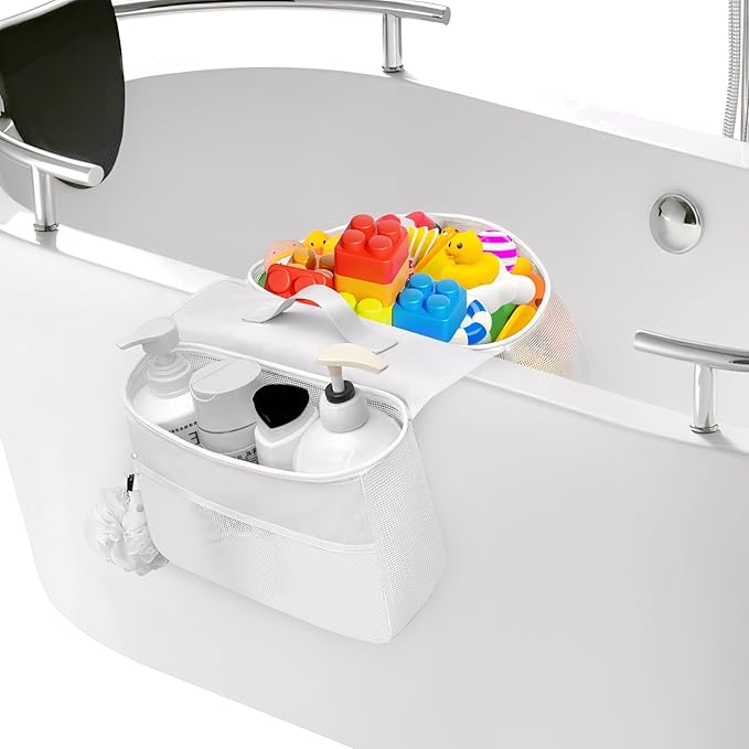 Blingbin Bath Toy Organizer, 2 Compartments Bathtub Toy Storage Organizer, Quick Access Bath Toy Holder for Bathtub, Quick Dry Wide Opening Mesh Shower Toy Holder for Kids Toddlers