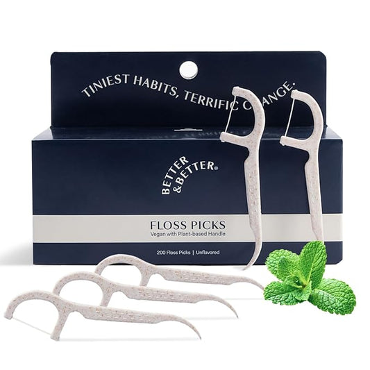 Better & Better Floss Picks (Box of 200) | Unflavored Vegan Dental Picks for Adults & Kids | Biodegradable Plant-Based Handles & Sturdy Floss Thread | Gluten, Cruelty & BPA-Free