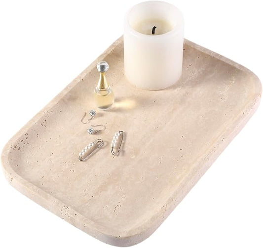 Marble Vanity Tray for Dresser Organizer, Travertine Bathroom Tray Countertop, Beige Decorative Serving Trays, Kitchen Sink Storage, Jewelry & Perfume Holder(Travertino Romano)