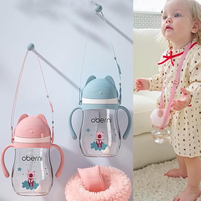 Toddler Sippy Cup, Tritan Baby Water Bottle With Non-Spill Valve Spout, Removable Handle and Carry Strap, 270ml/12m+/Pink/Pack of 3