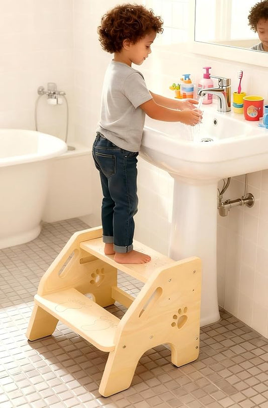 Toddler Step Stool Wooden 2 Step - Height Adjustable Bathroom Sink Helper with Non-Slip Rubber Feet and Cute Design - 300lbs Support Step Stool for Toddlers Kids Baby Use in Kitchen or Toilet