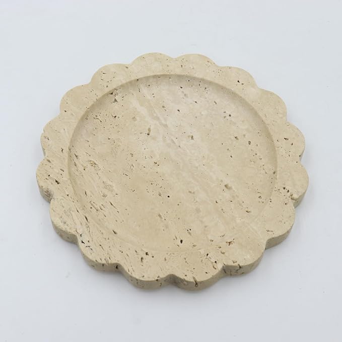 Round Marble Decorative Tray with Scalloped Edge, Luxury Natural Stone Bathroom Vanity Tray, Dresser Top Perfume Coffee Home Kitchen Sink Tray, Key Trinket Ring