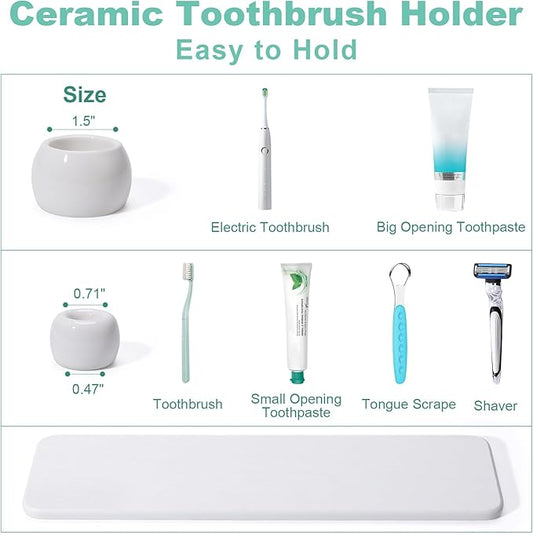 4 Pack Mini Ceramic Toothbrush Holder Stand with 1 Pack Water Absorbing Stone for Bathroom Vanity Countertop, Electric Toothbrush Organizer, White
