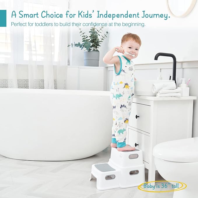 Forbena Toddler Step Stool for Bathroom Sink, 2 Step Stool for Kids Toilet Potty Training, Non-Slip Toddlers Baby Child Kid Plastic Poop Stools with Handle for Kitchen Counter Bed (White-Grey)