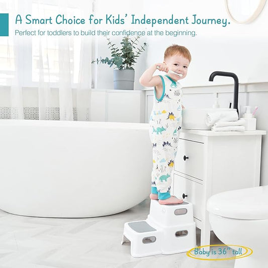 Forbena Toddler Step Stool for Bathroom Sink, 2 Step Stool for Kids Toilet Potty Training, Non-Slip Toddlers Baby Child Kid Plastic Poop Stools with Handle for Kitchen Counter Bed (White-Grey)