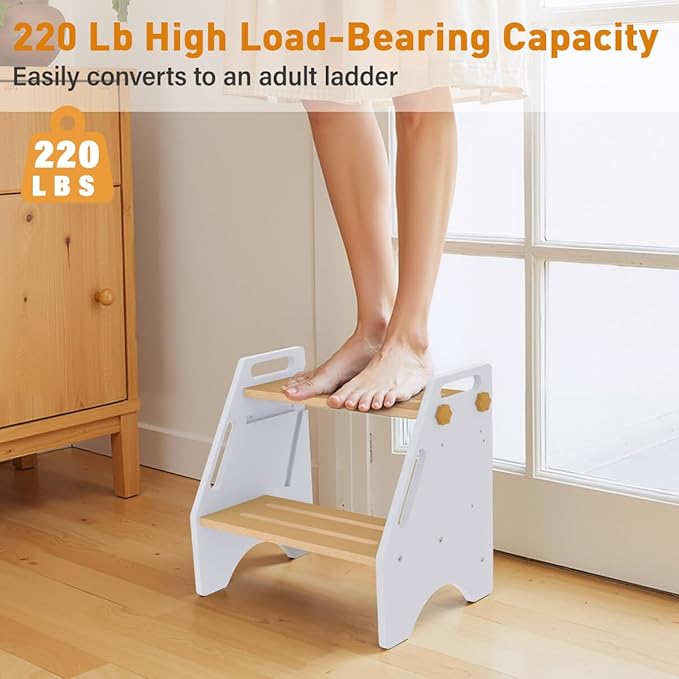 Toddler Step Stool, Wooden Height-Adjustable 2 Step Stool for Kids, 2 in 1 Potty Training Stool with Safety Handles Non-Slip Pads for Bathroom Sink, Kitchen, Bedroom (White)
