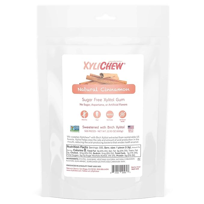 Xylichew 100% Xylitol Chewing Gum - Non GMO, Non Aspartame, Gluten Free, and Sugar Free Gum - Natural Oral Care, Relieves Bad Breath and Dry Mouth - Cinnamon, 500 Count
