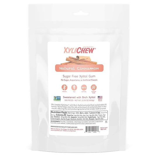 Xylichew 100% Xylitol Chewing Gum - Non GMO, Non Aspartame, Gluten Free, and Sugar Free Gum - Natural Oral Care, Relieves Bad Breath and Dry Mouth - Cinnamon, 500 Count