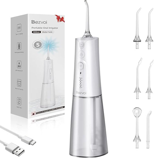 Water Flosser Teeth Pick: 5 Modes Cordless Water Dental Floss 300ML Portable Rechargeable IPX7 Waterproof Electric Water Flossing Cleaning Picks with 6 Jet Tips Oral Irrigator Cleaner, White
