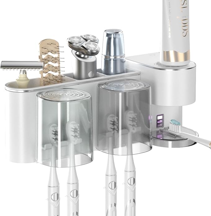 Automatic Toothpaste Dispenser Wall Mounted: 2 Cups Toothbrush Holders White Electric 6 Adjustable Levels Auto Toothpaste Squeezer Smart Rechargeable Touchless for Kids Adults - Bathroom