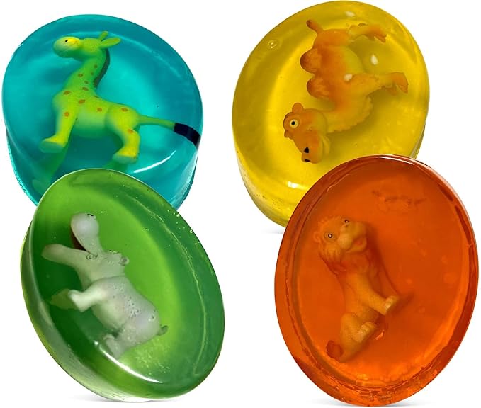 4 Soap Bars for Kids with Funny Animals Surprise Inside - Collect All 12 Wild Animals Toys - Moisturizing Children's Skin - Lemon, Strawberry, Green Apple, and Rose - Handmade in USA Soap Set for Kids