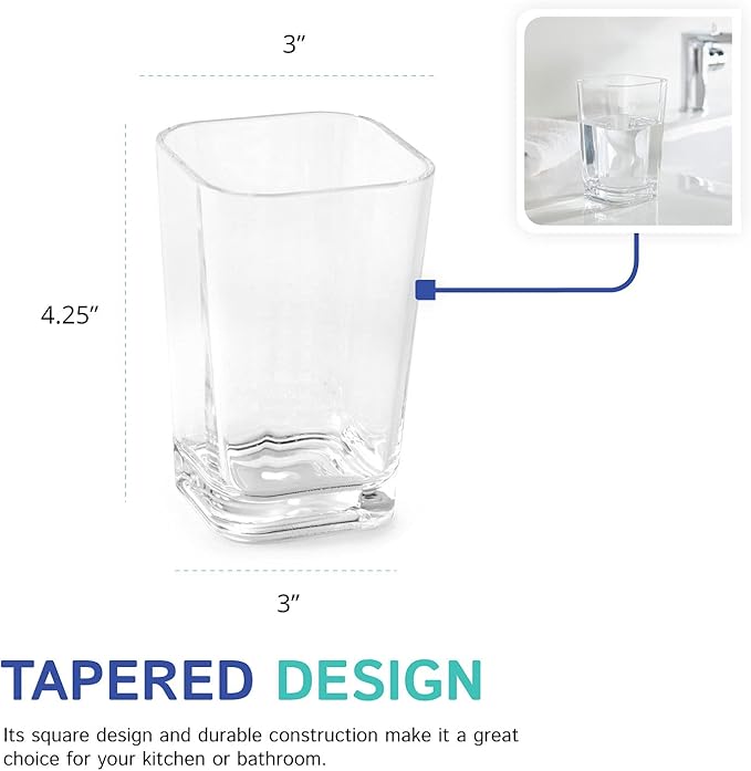 Huang Acrylic Clear Square Toothbrush Holder or Bathroom Tumbler Cup | Shatter-Proof, Stylish, Durable and Modern Minimalist Design